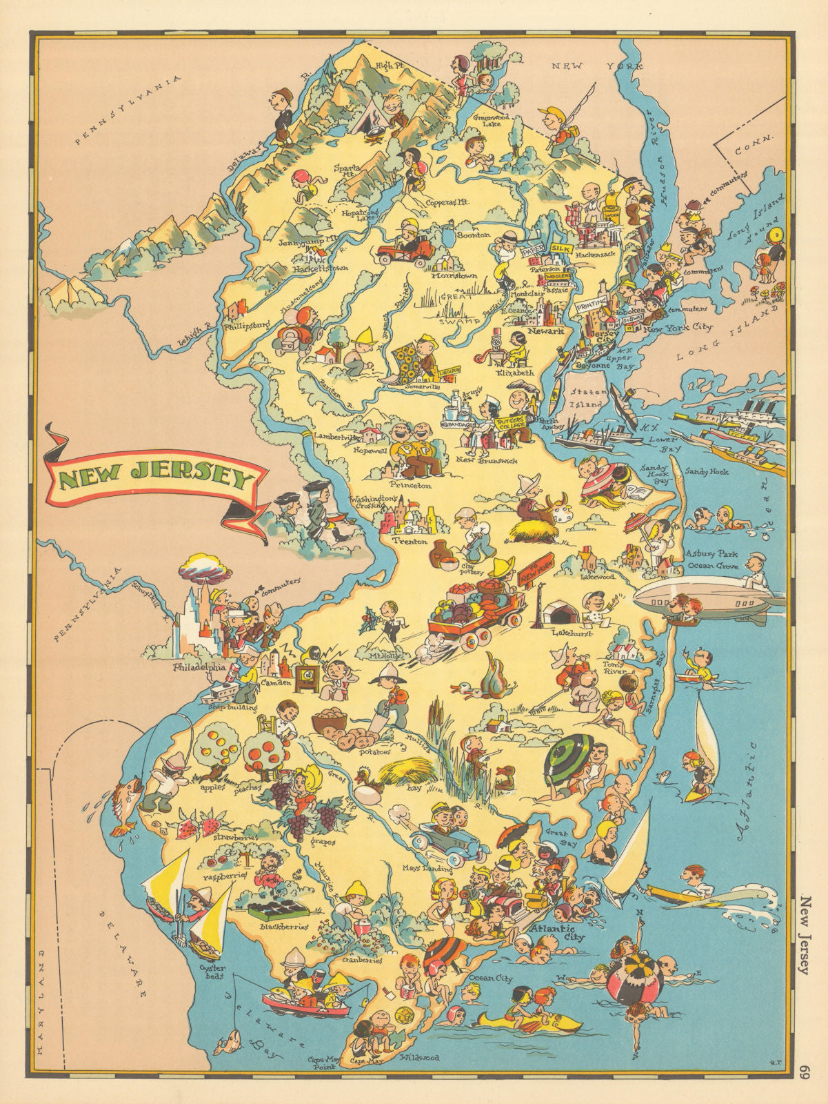 New Jersey. Pictorial state map by Ruth Taylor White 1935 old vintage